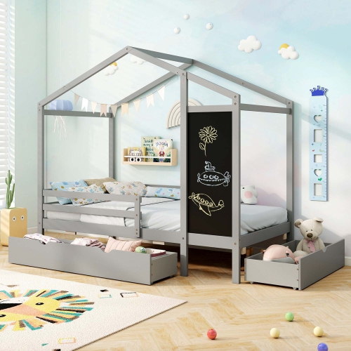 Costway Twin House Bed with 2 Storage Drawers Solid Wood Platform Bed with Blackboard