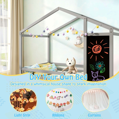 Costway Twin House Bed with 2 Storage Drawers Solid Wood Platform Bed with Blackboard