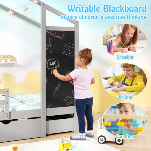 Costway Twin House Bed with 2 Storage Drawers Solid Wood Platform Bed with Blackboard