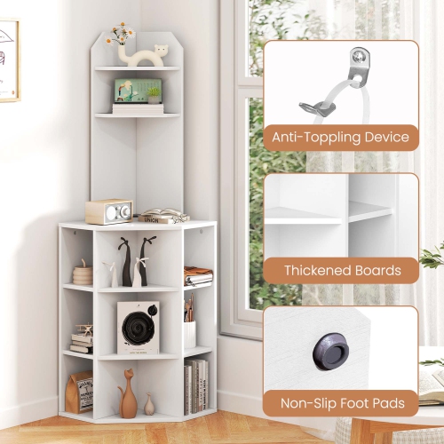 Costway 6-Tier Corner Shelf 63" Tall Corner Bookshelf with 2 USB Ports & Charging Station