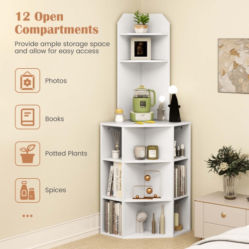 Costway 6-Tier Corner Shelf 63" Tall Corner Bookshelf with 2 USB Ports & Charging Station