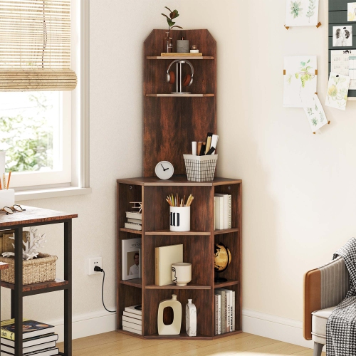 Costway 6-Tier Corner Shelf 63" Tall Corner Bookshelf with 2 USB Ports & Charging Station