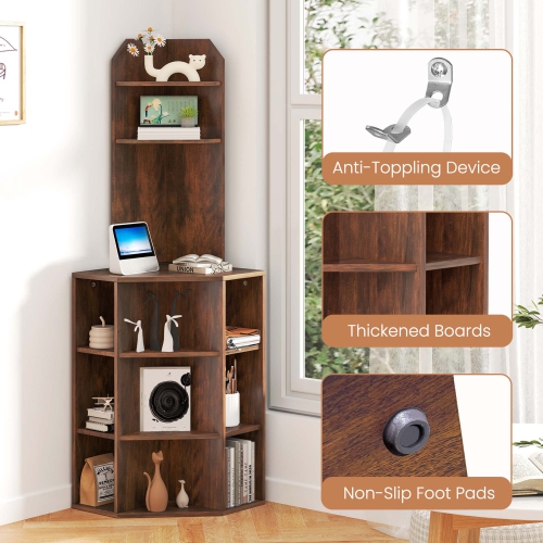 Costway 6-Tier Corner Shelf 63" Tall Corner Bookshelf with 2 USB Ports & Charging Station