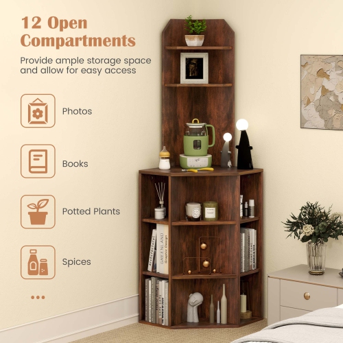 Costway 6-Tier Corner Shelf 63" Tall Corner Bookshelf with 2 USB Ports & Charging Station