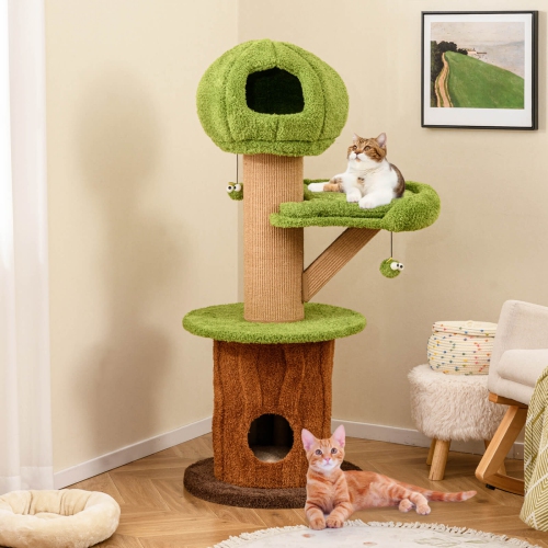 Costway 58" Mushroom Cat Tree for Indoor Cats with 2 Cute Condos Plush Perch Teasing Balls