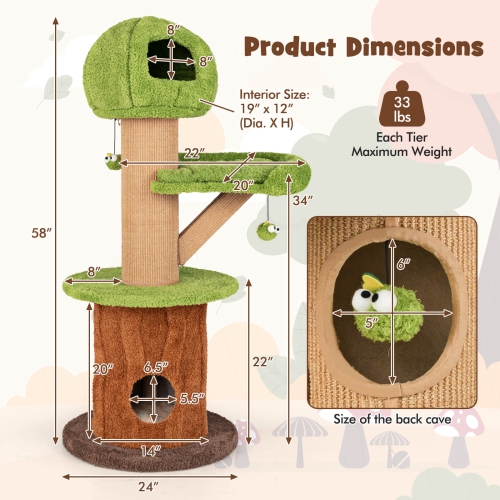 Costway 58" Mushroom Cat Tree for Indoor Cats with 2 Cute Condos Plush Perch Teasing Balls