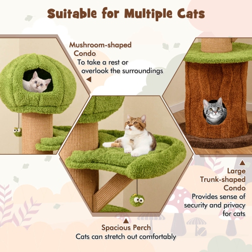 Costway 58" Mushroom Cat Tree for Indoor Cats with 2 Cute Condos Plush Perch Teasing Balls