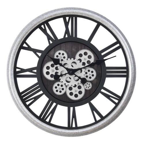 Monarch Specialties I 9058 - Clocks, 20" Round, Gear Mechanism, Wall Clock, Black, Silver, Transitional