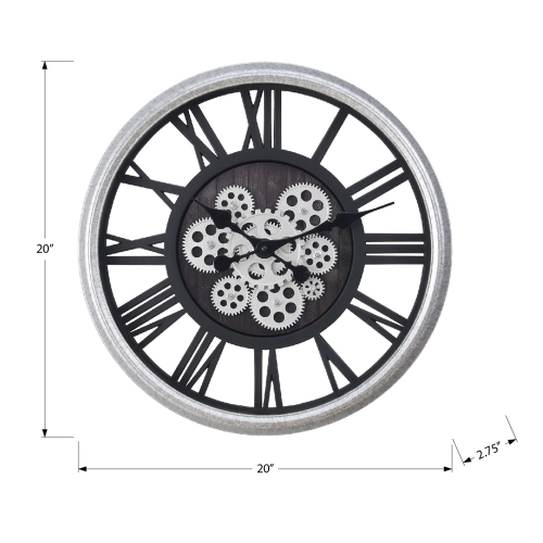 Monarch Specialties I 9058 - Clocks, 20" Round, Gear Mechanism, Wall Clock, Black, Silver, Transitional