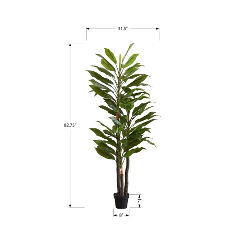 Monarch Specialties I 9595 - Artificial Plant, 83" Tall, Indoor, Dracaena Tree, Decorative, Faux, Fake, Floor, Potted, Real Touch, Green Leaves,