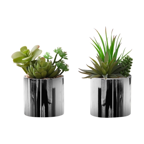 Monarch Specialties I 9550 - Artificial Plant, 7" Tall, Succulent, Indoor, Faux, Fake, Table, Greenery, Potted, Set Of 2, Decorative, Green Plants,