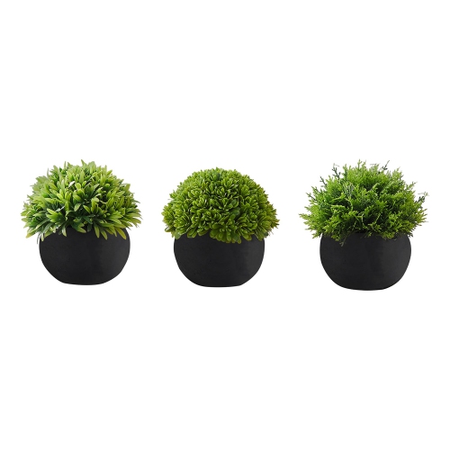 Monarch Specialties I 9552 - Artificial Plant, 5" Tall, Grass, Indoor, Faux, Fake, Table, Greenery, Potted, Set Of 3, Decorative, Green Plants, Black
