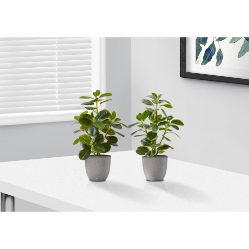 Monarch Specialties I 9558 - Artificial Plant, 14" Tall, Ficus, Indoor, Faux, Fake, Table, Greenery, Potted, Set Of 2, Decorative, Green Leaves, Grey