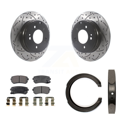 Image 1 de 10.. Ensemble de patins de stationnement semi-métalliques à disque perforé et rainuré pour Hyundai Kia KDF-101391