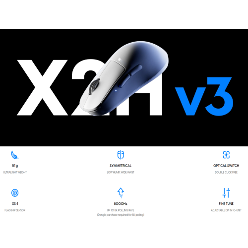 Pulsar Gaming Gears X2H V3 Size Mini Wireless Gaming Mouse, Lightweight 51g, Pulsar XS-1 Sensor, 8K Ready, High Hump, Symmetrical Shape, White