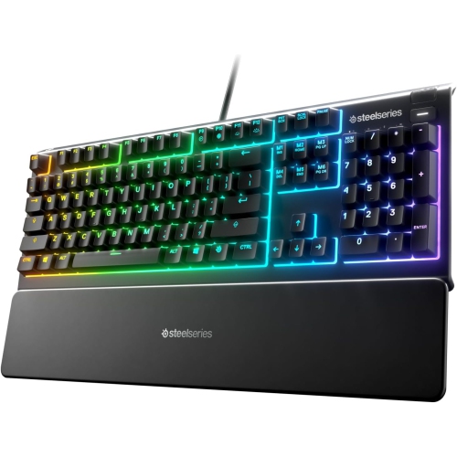 Image 1 de 7.. Clavier de jeu Apex 3 RGB de SteelSeries – Éclairage RVB à 10 zones – Résistance à l'eau IP32 – Repose-poignet magnétique de qualité supérieure