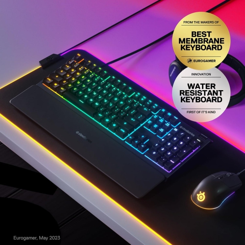 SteelSeries Apex 3 RGB Gaming Keyboard – 10-Zone RGB Illumination – IP32 Water Resistant – Premium Magnetic Wrist Rest