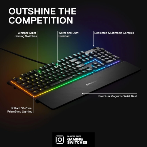 SteelSeries Apex 3 RGB Gaming Keyboard – 10-Zone RGB Illumination – IP32 Water Resistant – Premium Magnetic Wrist Rest