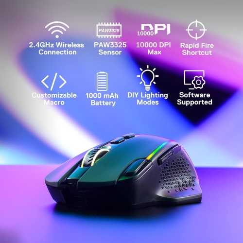 Redragon M810 Pro Wireless Gaming Mouse, 10000 DPI Wired/Wireless Mouse w/Rapid Fire Key, 8 Macro Buttons, 45-Hour Durable Power Capacity and RGB