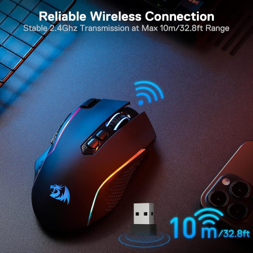 Redragon M810 Pro Wireless Gaming Mouse, 10000 DPI Wired/Wireless Mouse w/Rapid Fire Key, 8 Macro Buttons, 45-Hour Durable Power Capacity and RGB