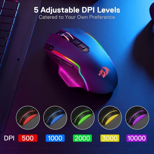Redragon M810 Pro Wireless Gaming Mouse, 10000 DPI Wired/Wireless Mouse w/Rapid Fire Key, 8 Macro Buttons, 45-Hour Durable Power Capacity and RGB
