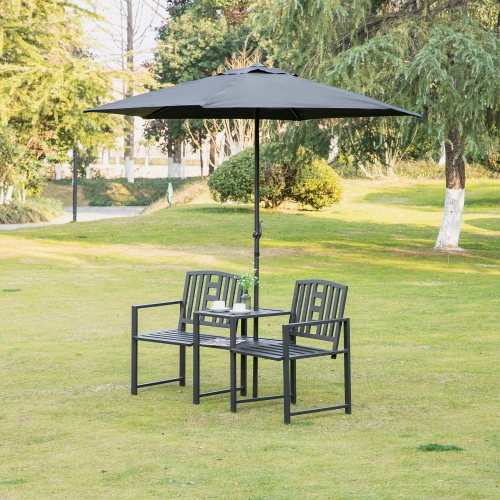 Outsunny Metal Outdoor Bench, 2-Seater Garden Bench with Middle Table and Umbrella Hole, Patio Loveseat with Slatted Seat & Backrest, Black