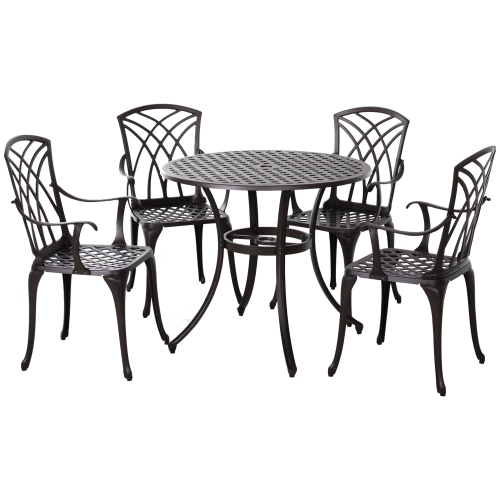 Outsunny 5 Pieces Outdoor Dining Set, Cast Aluminium Patio Table and Chairs with Parasol Hole for Garden Backyard Poolside, Patio Dining Set for 4,