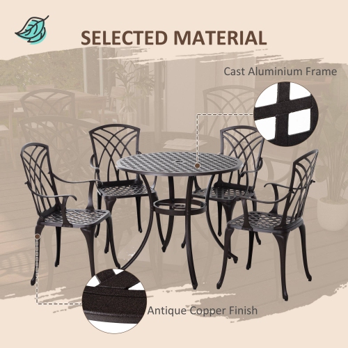 Outsunny 5 Pieces Outdoor Dining Set, Cast Aluminium Patio Table and Chairs with Parasol Hole for Garden Backyard Poolside, Patio Dining Set for 4,