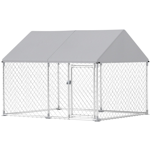 PAWHUT  Large Dog Kennel \w Roof And Safety Lockable Latch, Heavy-Duty Galvanized Steel Dog Run Chain Link W/ Waterproof Uv-Resistant Cover, 7' X