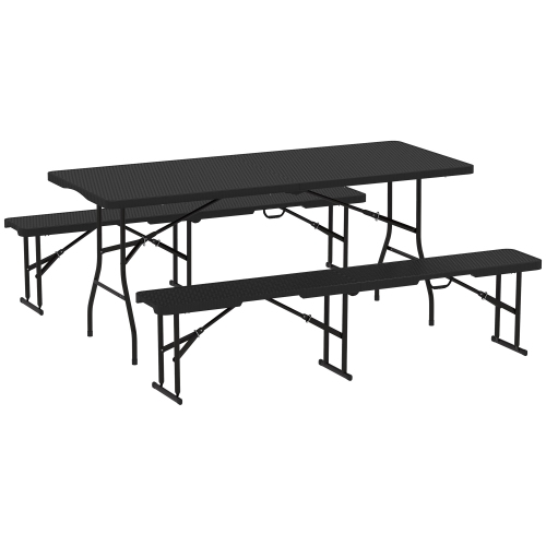 Image 1 de 9.. Outsunny 6FT 3-Piece Folding Picnic Table with 2 Benches, Faux Rattan Portable Outdoor Camping Table Bench Set with Carrying Handles and HDPE