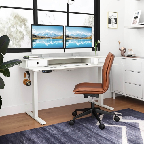 Costway 55"x 24" Electric Standing Desk with 2 Drawers Monitor Stand Storage Shelf