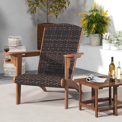 Costway Patio Adirondack Chair with Rattan Padded Seat Wide Armrests & Hidden Cupholder