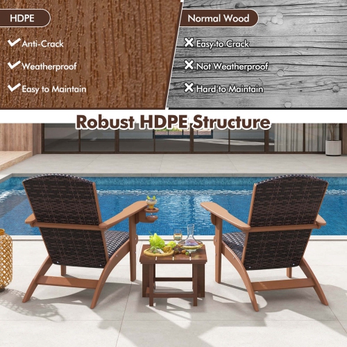 Costway Patio Adirondack Chair with Rattan Padded Seat Wide Armrests & Hidden Cupholder