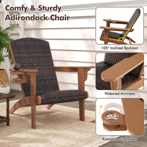 Costway Patio Adirondack Chair with Rattan Padded Seat Wide Armrests & Hidden Cupholder