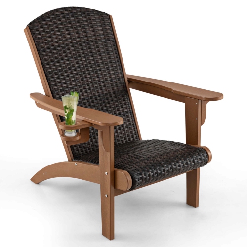 Costway Patio Adirondack Chair with Rattan Padded Seat Wide Armrests & Hidden Cupholder