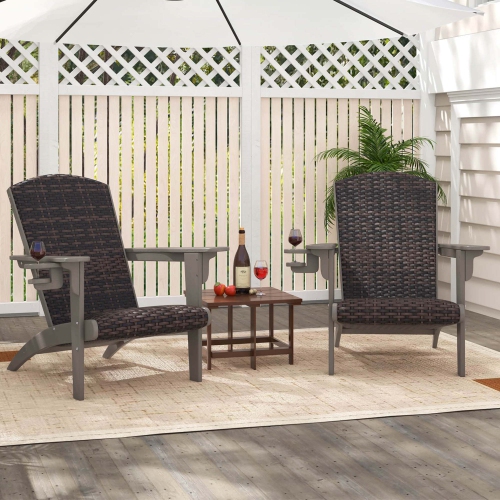 Costway Patio Adirondack Chair with Rattan Padded Seat Wide Armrests & Hidden Cupholder