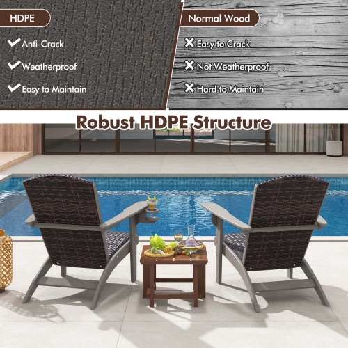 Costway Patio Adirondack Chair with Rattan Padded Seat Wide Armrests & Hidden Cupholder