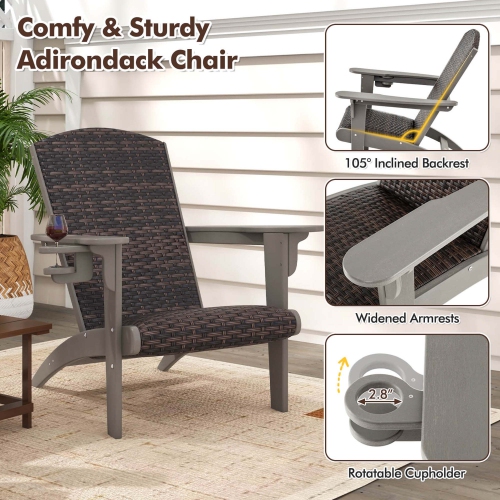 Costway Patio Adirondack Chair with Rattan Padded Seat Wide Armrests & Hidden Cupholder