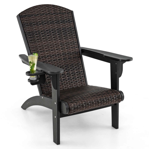 Costway Patio Adirondack Chair with Rattan Padded Seat Wide Armrests & Hidden Cupholder