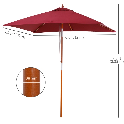 Outsunny 6.6 x 5ft Fir Wooden Patio Umbrella Market Parasol Tilt Mechanism 6 Ribs Garden Sunshade Wine Red