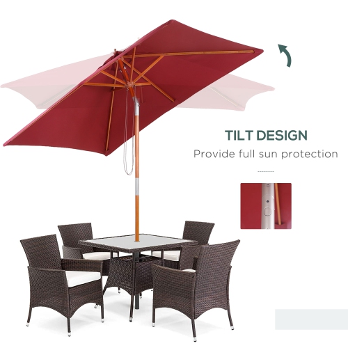 Outsunny 6.6 x 5ft Fir Wooden Patio Umbrella Market Parasol Tilt Mechanism 6 Ribs Garden Sunshade Wine Red