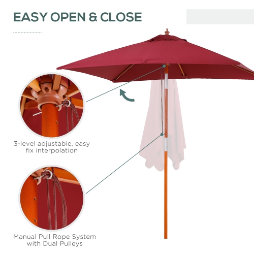 Outsunny 6.6 x 5ft Fir Wooden Patio Umbrella Market Parasol Tilt Mechanism 6 Ribs Garden Sunshade Wine Red