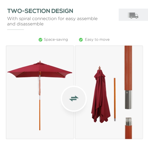 Outsunny 6.6 x 5ft Fir Wooden Patio Umbrella Market Parasol Tilt Mechanism 6 Ribs Garden Sunshade Wine Red