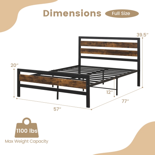 Cadre de lit double en métal Giantex de Costway, lit plateforme industriel avec tête et pied de lit en bois, base de matelas en métal robuste, aucun
