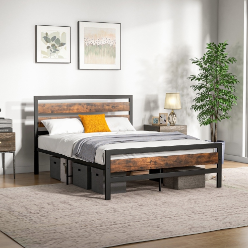 Cadre de lit double en métal Giantex de Costway, lit plateforme industriel avec tête et pied de lit en bois, base de matelas en métal robuste, aucun