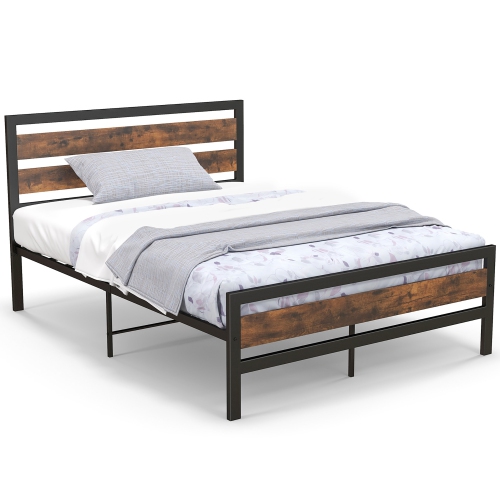 Cadre de lit double en métal Giantex de Costway, lit plateforme industriel avec tête et pied de lit en bois, base de matelas en métal robuste, aucun