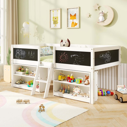 Lit mezzanine bas jumeau de Costway avec échelle rampe et rails de sécurité pleine longueur pour bibliothèques