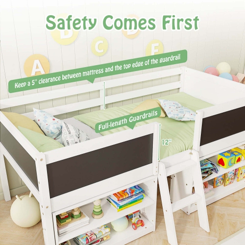 Lit mezzanine bas jumeau de Costway avec échelle rampe et rails de sécurité pleine longueur pour bibliothèques