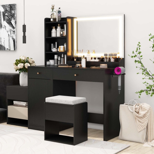 Image 1 de 10.. Ensemble coiffeuse avec table à langer et chaise de Costway, 3 modes d'éclairage, miroir et lumières