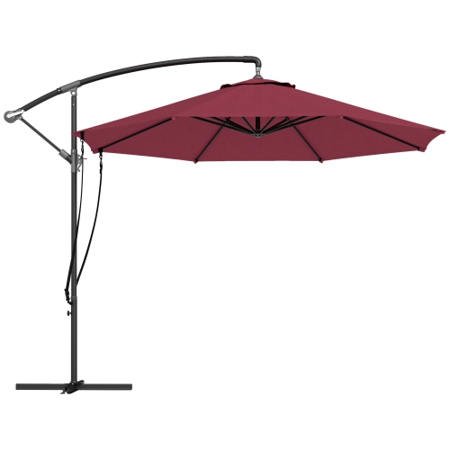 Image 1 de 9.. Outsunny 9.5FT Cantilever Patio Umbrella with Wind Strap, Cover, Round Offset Hanging Umbrella with 360°Rotation, Crank and Cross Base for Garden,
